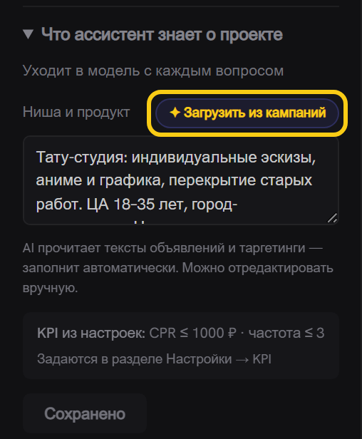 Раскрытый блок «Что ассистент знает о проекте»: обведённая кнопка «Загрузить из кампаний», заполненное поле «Ниша и продукт» и плашка с KPI из настроек