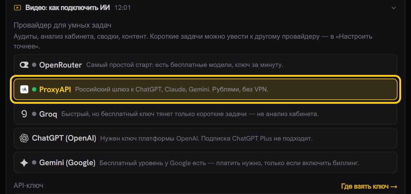 Список провайдеров: OpenRouter, ProxyAPI (обведён рамкой как выбранный), Groq, ChatGPT (OpenAI), Gemini (Google), у каждого короткое описание