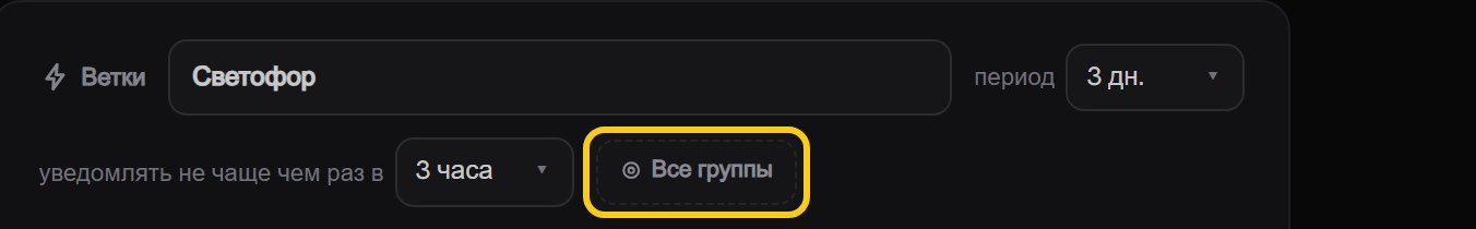 Шапка формы стратегии: название «Светофор», селектор «период 3 дн.», поле «уведомлять не чаще чем раз в 3 часа» и обведённая рамкой кнопка «Все группы»