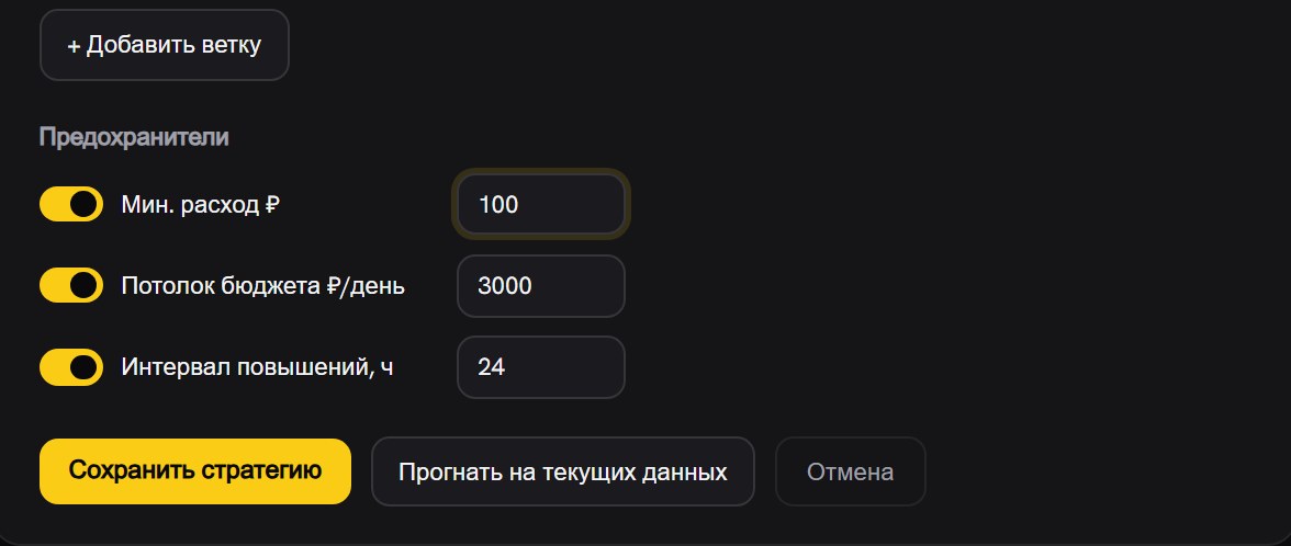 Блок «Предохранители» формы стратегии: включённые «Мин. расход 100 ₽», «Потолок бюджета 3000 ₽/день», «Интервал повышений 24 ч», ниже кнопки «Сохранить стратегию» и «Прогнать на текущих данных»