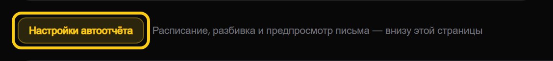 Шапка вкладки «Отчёты»: кнопка-ссылка «Настройки автоотчёта» выделена рамкой, рядом подпись о том, что расписание и предпросмотр письма находятся внизу страницы