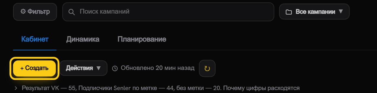 Тулбар вкладки «Кампании»: кнопка «+ Создать» обведена рамкой, рядом «Действия» и время обновления