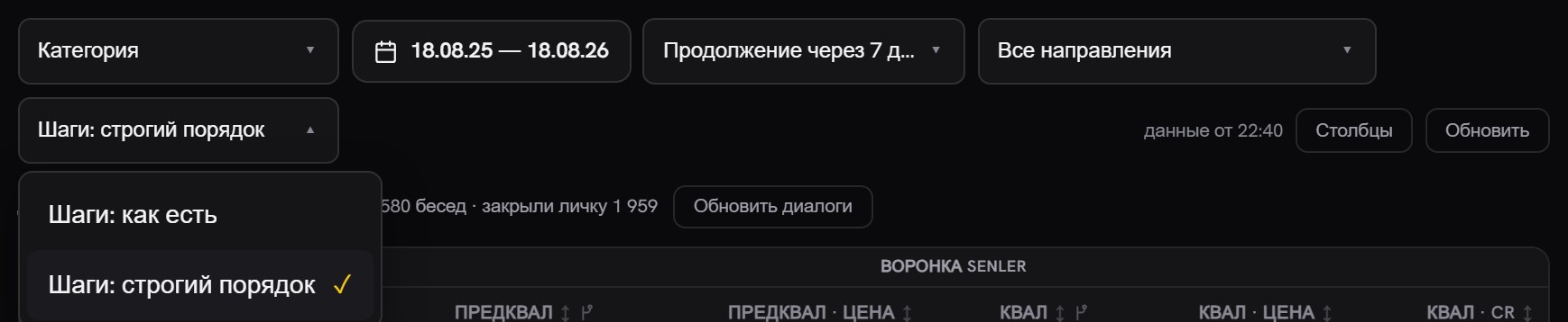 Панель фильтров таблицы «Аналитика» с раскрытым списком режимов: «Шаги: как есть» и отмеченный галочкой «Шаги: строгий порядок»