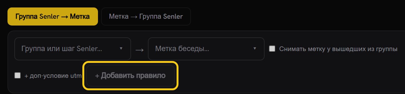 Форма правила авто-меток: переключатель направления «Группа Senler → Метка», поля выбора группы и метки беседы, обведённая кнопка «+ Добавить правило»