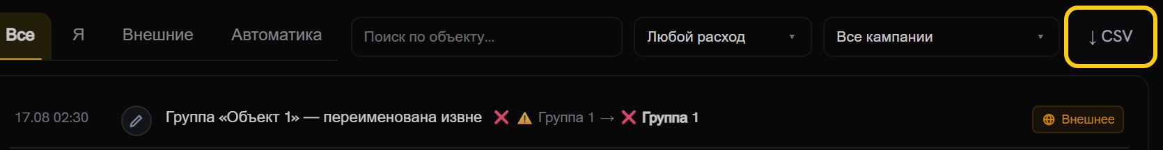 Правая часть строки фильтров журнала с обведённой кнопкой «↓ CSV», под ней первая запись ленты