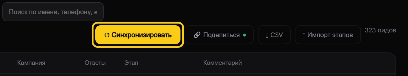 Правая часть панели раздела: обведённая кнопка «Синхронизировать», рядом «Поделиться», «CSV», «Импорт этапов» и счётчик «323 лидов»