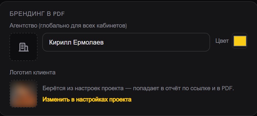 Блок «Брендинг в PDF»: поле названия агентства, квадрат логотипа, выбор акцентного цвета и строка «Логотип клиента» со ссылкой «Изменить в настройках проекта»