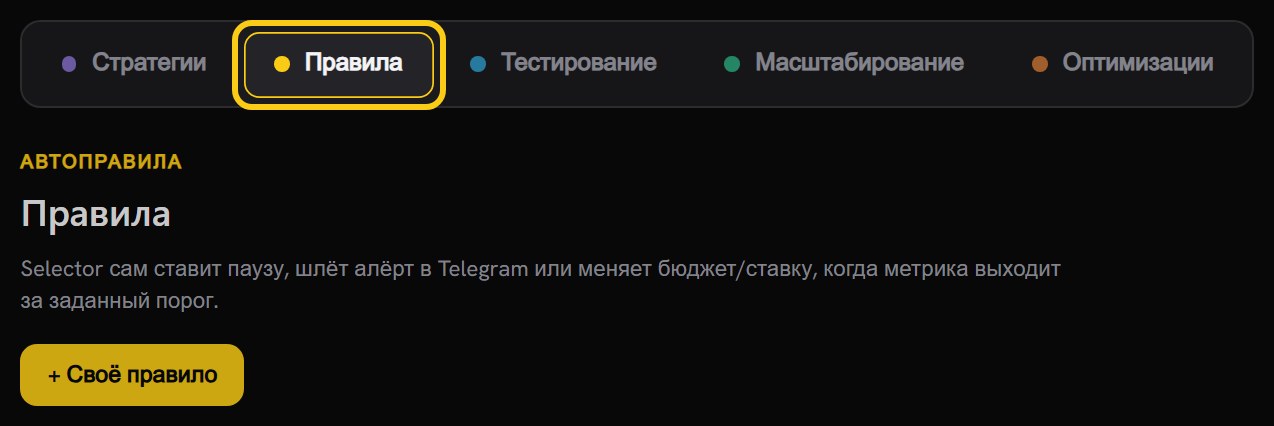 Полоса под-вкладок раздела «Автоматизация» с обведённой вкладкой «Правила», ниже описание раздела и кнопка «+ Своё правило»