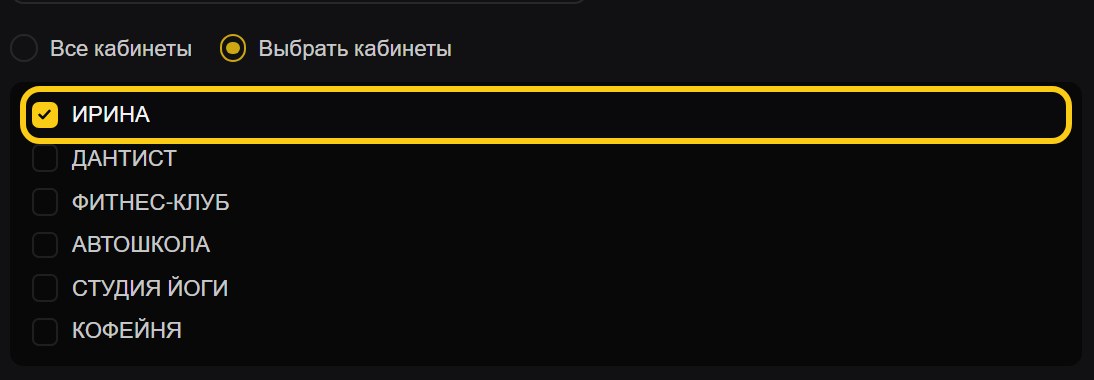 Переключатель «Выбрать кабинеты» включён, ниже список кабинетов, галочка стоит только на первом