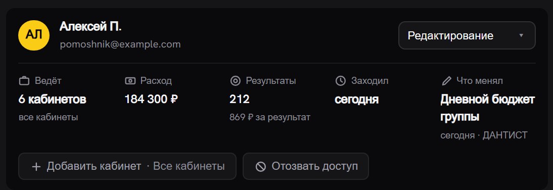 Карточка участника: имя, почта, список роли «Редактирование», строка со сводкой «Ведёт», «Расход», «Результаты», «Заходил», «Что менял» и кнопки «Добавить кабинет» и «Отозвать доступ»